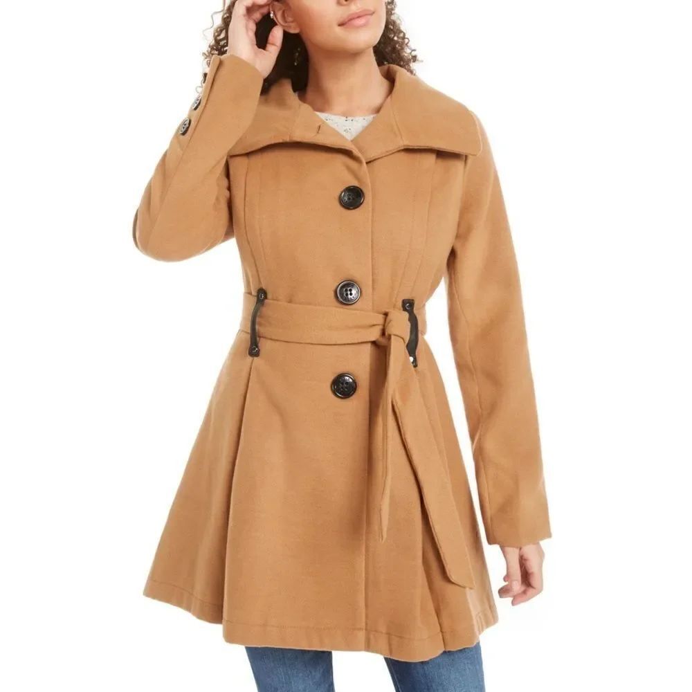 Madden Girl Juniors Drama Belted Skirted Camel Coat Plus Size 3X NWT